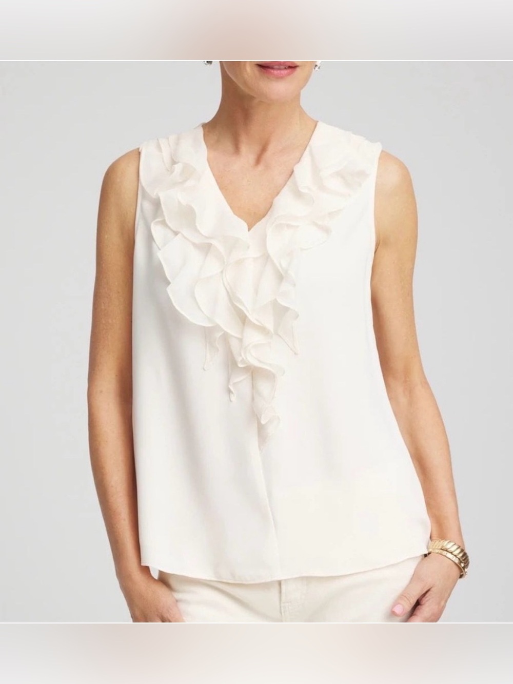 Chico’s Cream Sleeveless V-Neck Tank w Draped Matte Satin & Chiffon Ruffles (1)